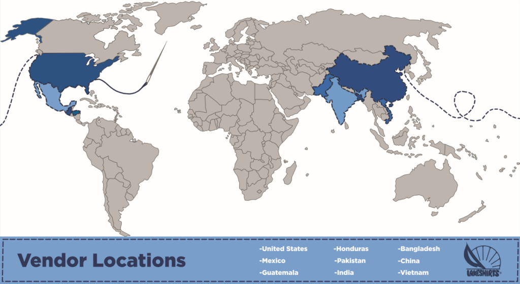 World map of where shirts are made for Lakeshirts